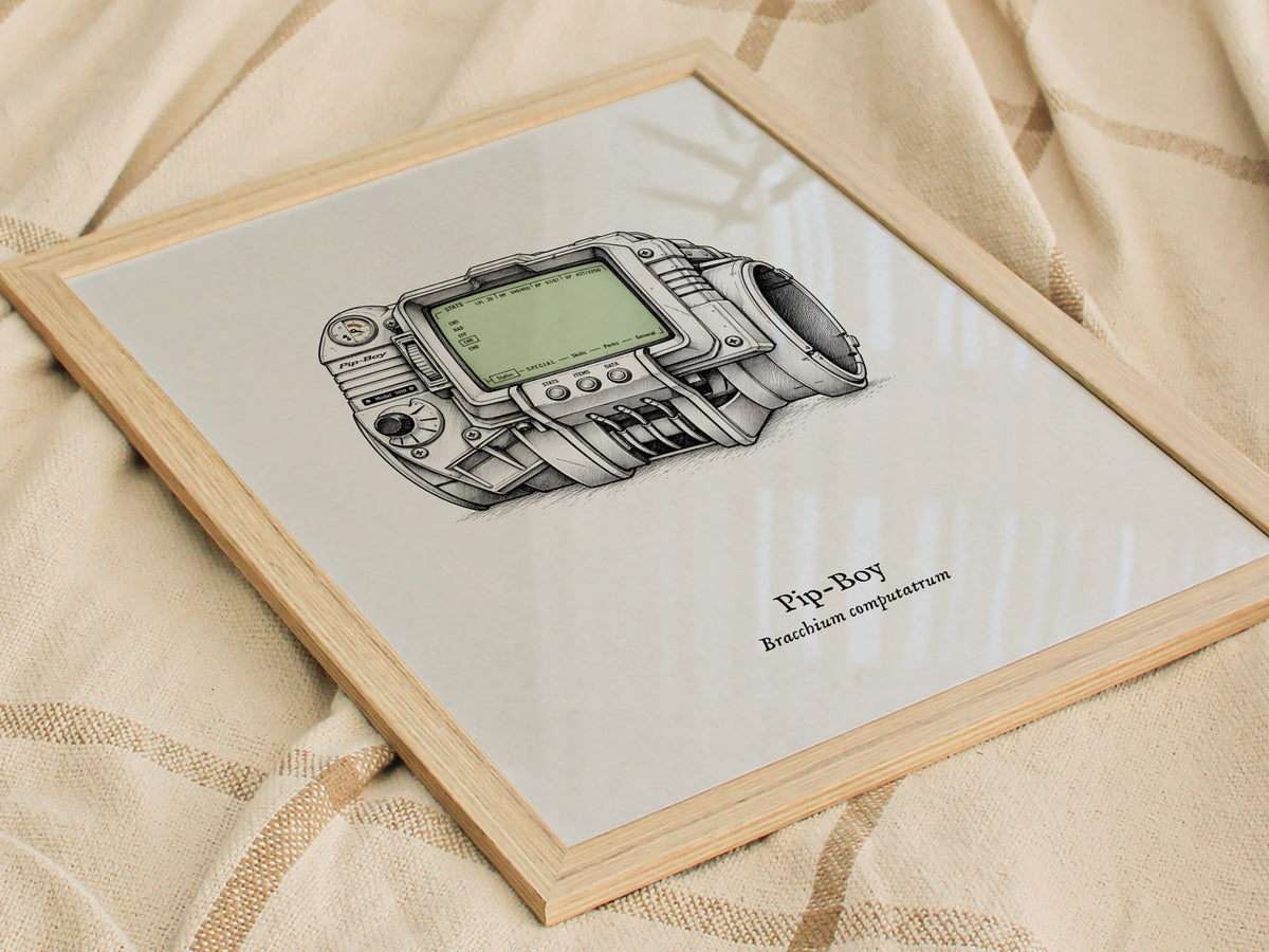 Pip-Boy Poster | Bracchium Computatrum Vintage Scientific Ink Illustration Wall Art — styled in a modern interior