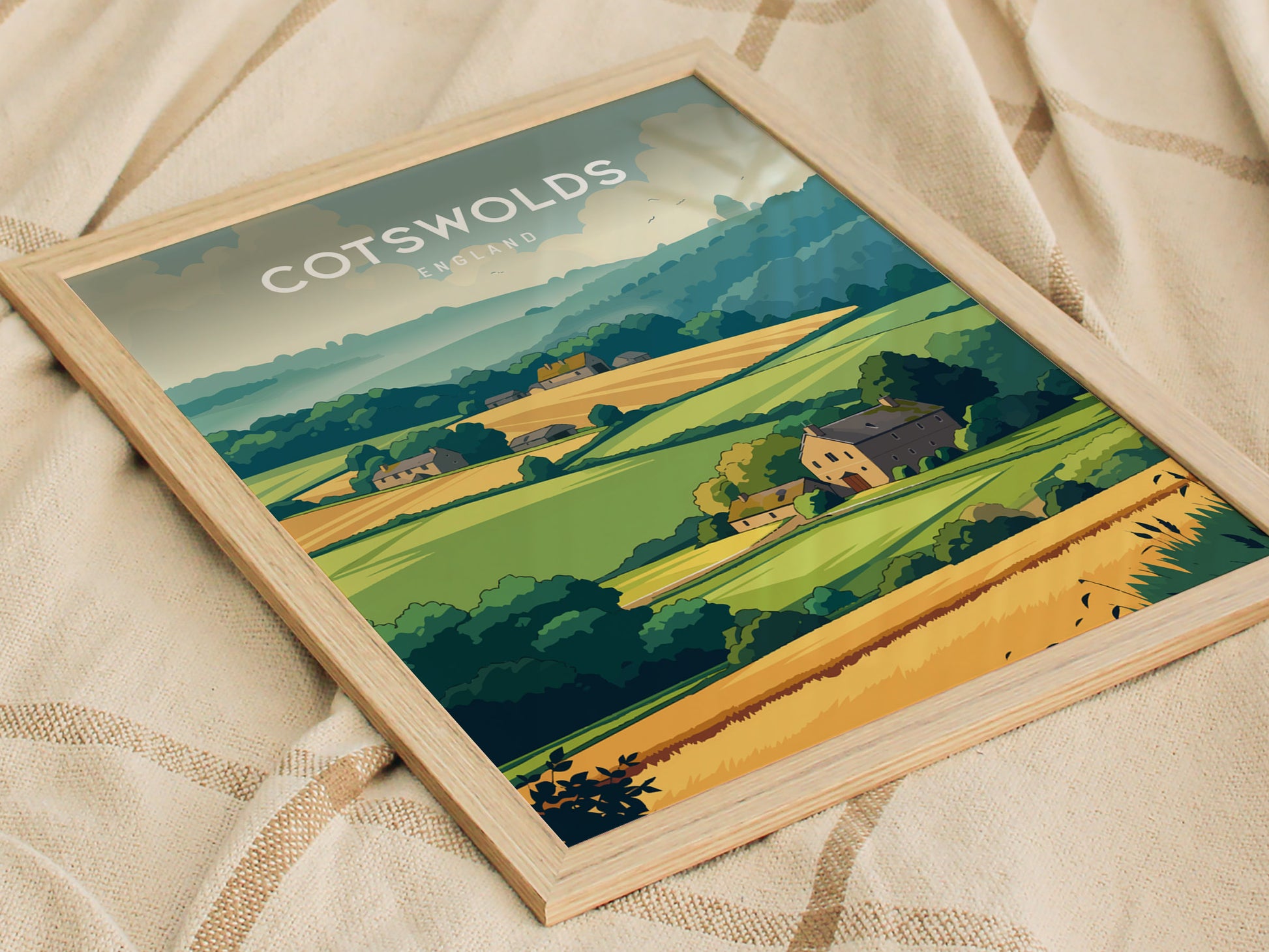 Cotswolds, England Poster | Rolling Hills & Stone Village Wall Art — styled in a modern interior