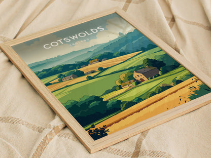 Cotswolds, England Poster | Rolling Hills & Stone Village Wall Art — styled in a modern interior