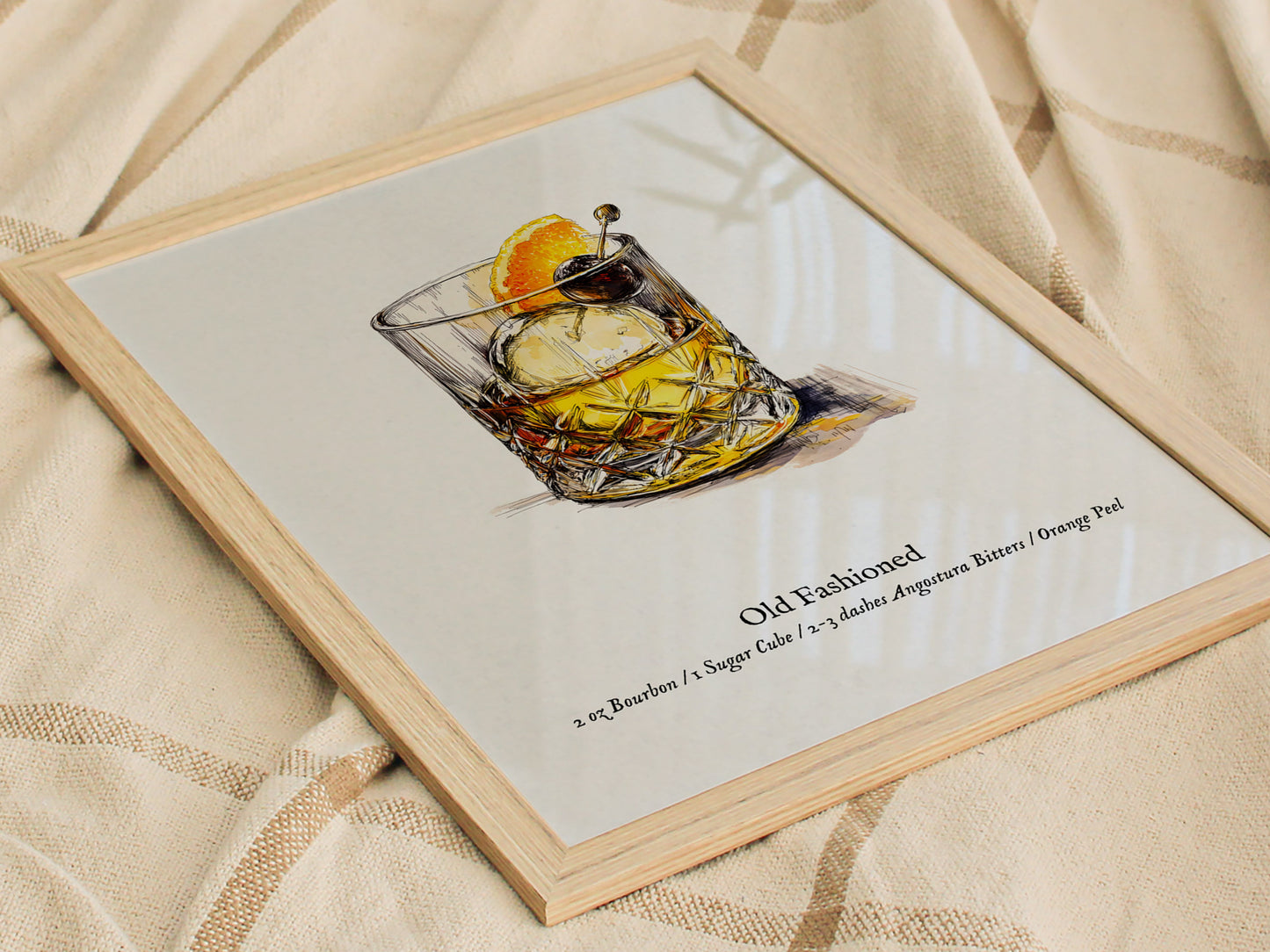 Old Fashioned Cocktail Poster | Vintage Pen & Ink Scientific Illustration Wall Art — styled in a modern interior