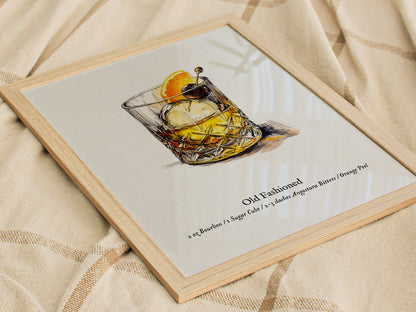 Old Fashioned Cocktail Poster | Vintage Pen & Ink Scientific Illustration Wall Art — styled in a modern interior