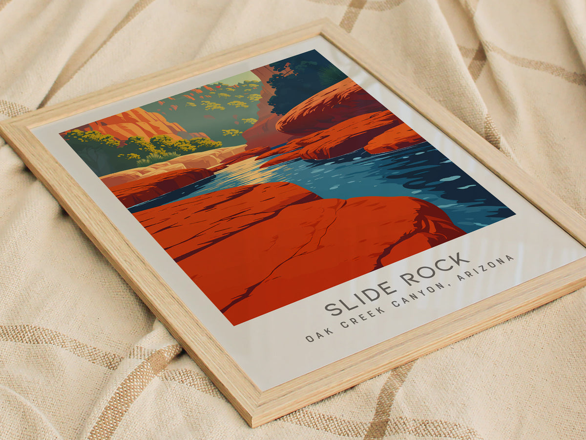 Slide Rock Matte Border Poster | Oak Creek Canyon, Arizona Travel Wall Art — styled in a modern interior
