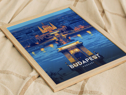 Budapest Chain Bridge Poster | Hungary Travel Print Wall Art | Framed or Unframed