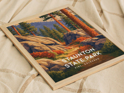 Staunton State Park, Pine, Colorado Poster | Rocky Mountain Trail Adventure Wall Art — styled in a modern interior