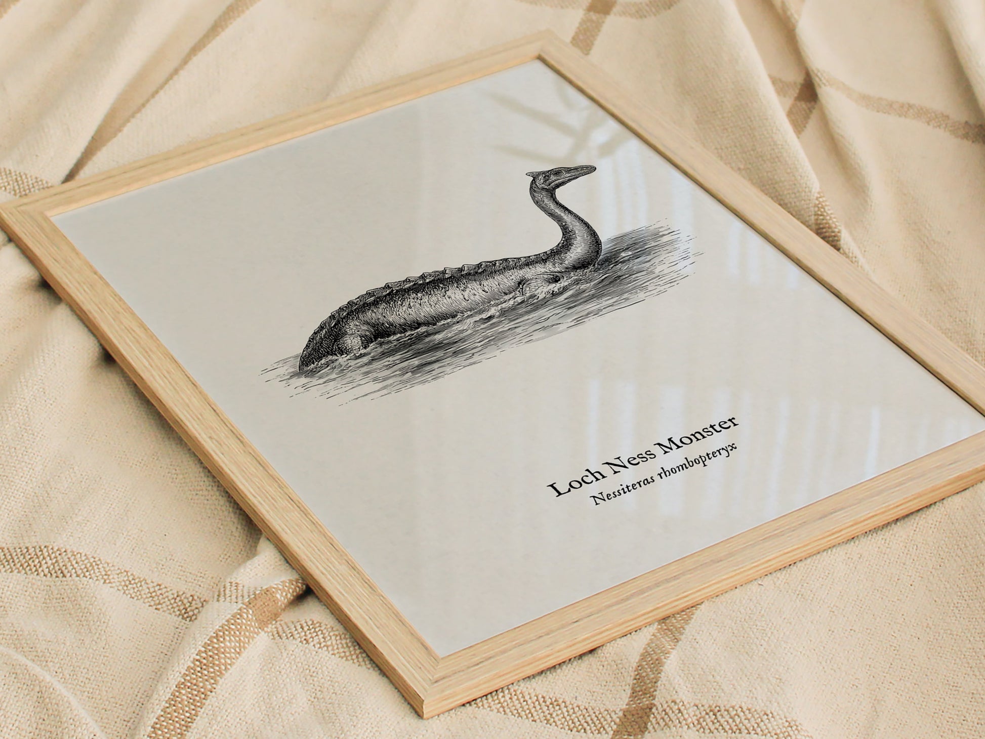 Loch Ness Monster Poster | Vintage Nessiteras rhombopteryx Zoological Illustration Wall Art — styled in a modern interior