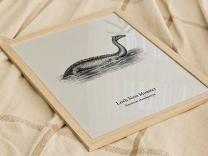 Loch Ness Monster Poster | Vintage Nessiteras rhombopteryx Zoological Illustration Wall Art — styled in a modern interior