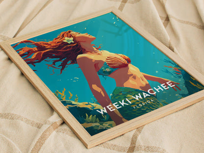 A vibrant wall art poster featuring a mermaid with flowing red hair adorned with a flower and a seashell top, set against a turquoise underwater background.