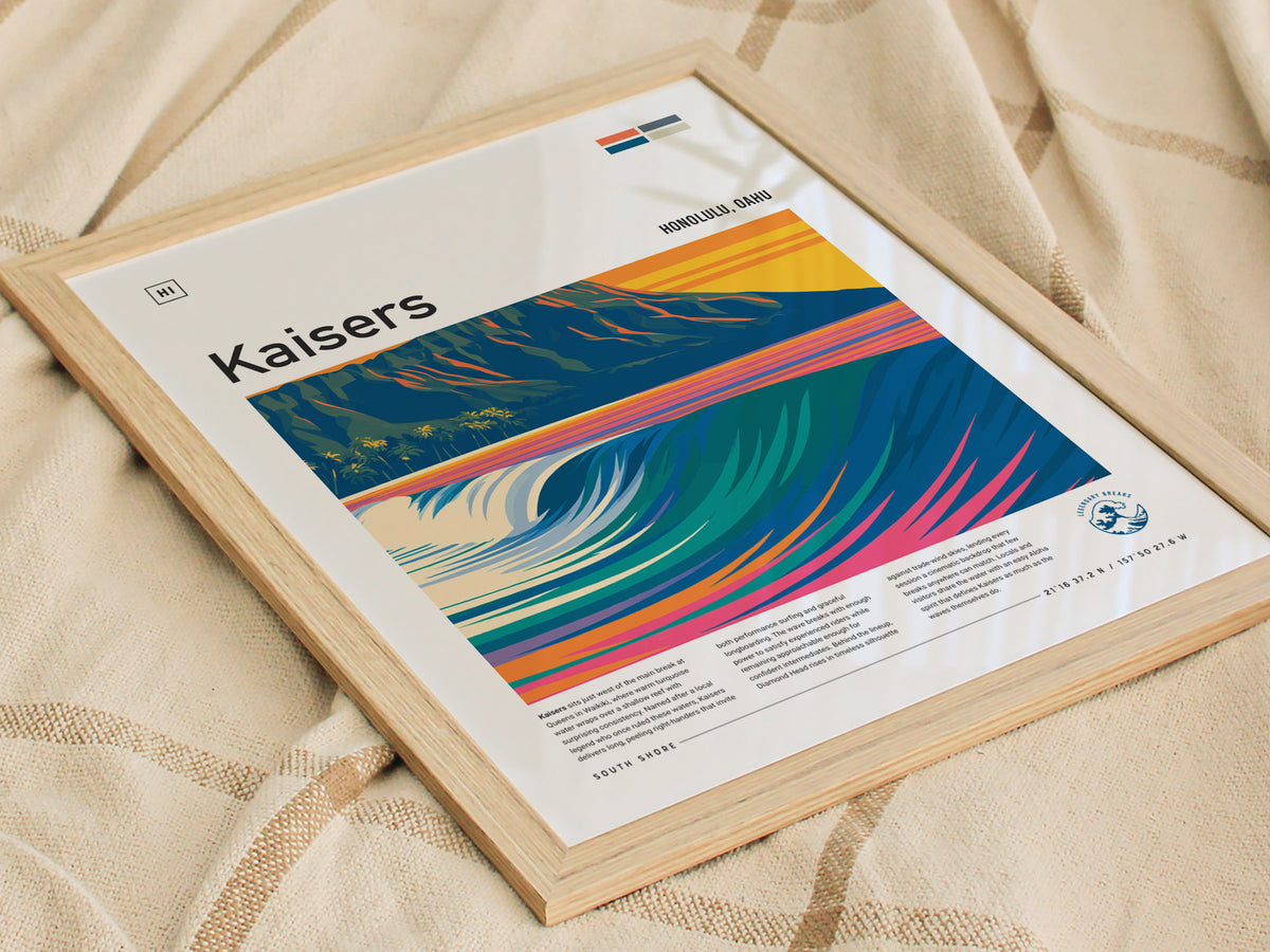 Kaisers, Hawaii Poster | Golden Surf & Diamond Head Wall Art — styled in a modern interior