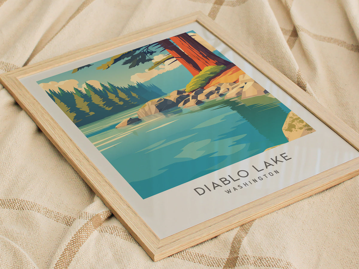 Diablo Lake Matte Border Poster | Washington Travel Wall Art — styled in a modern interior