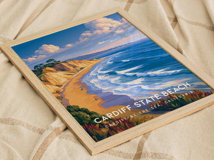 Cardiff State Beach, California Poster | Sun-Kissed Shores & Surf Wall Art — styled in a modern interior