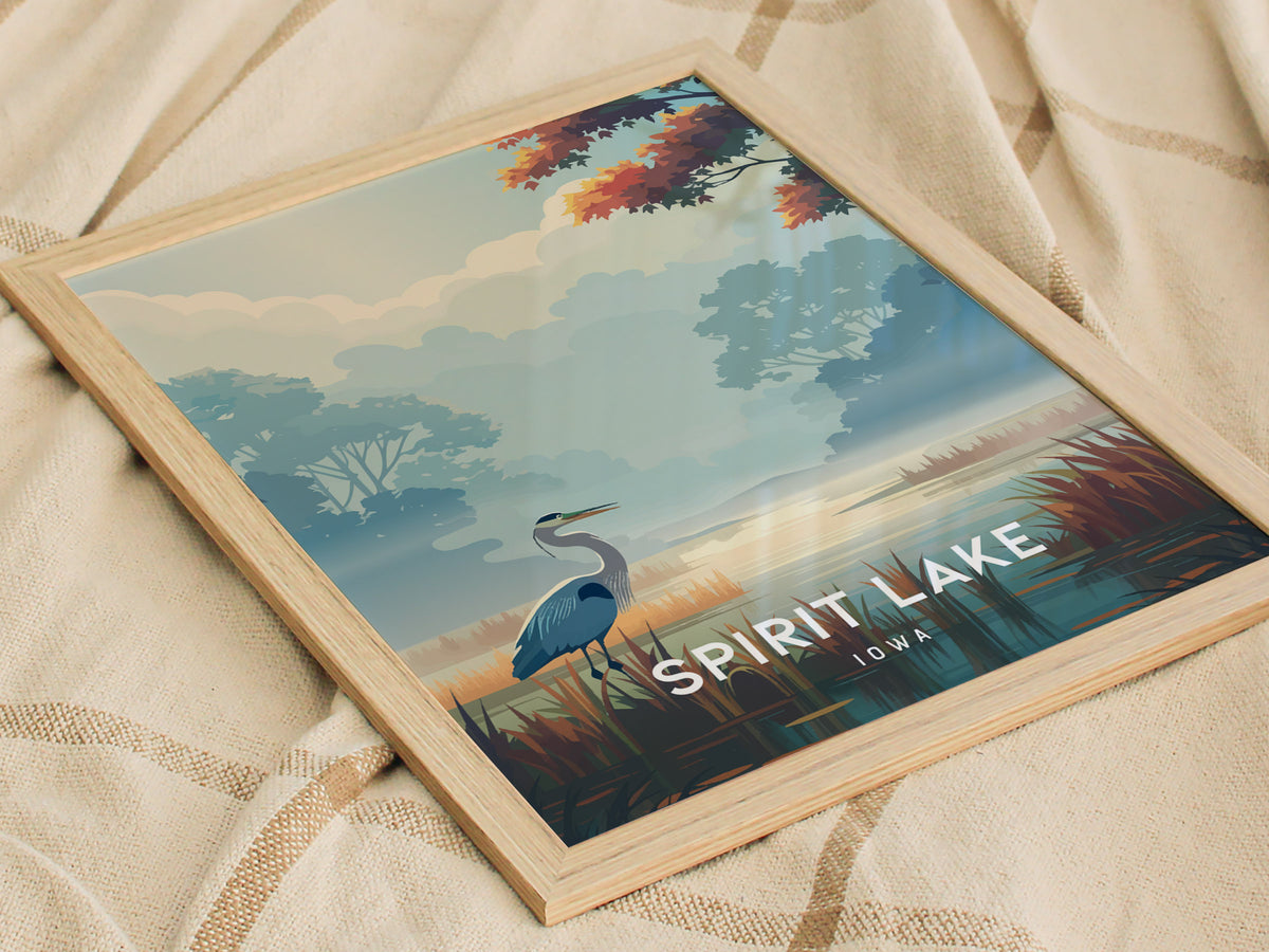 Spirit Lake, Iowa Poster | Lakeside Serenity Destination Print Wall Art — styled in a modern interior