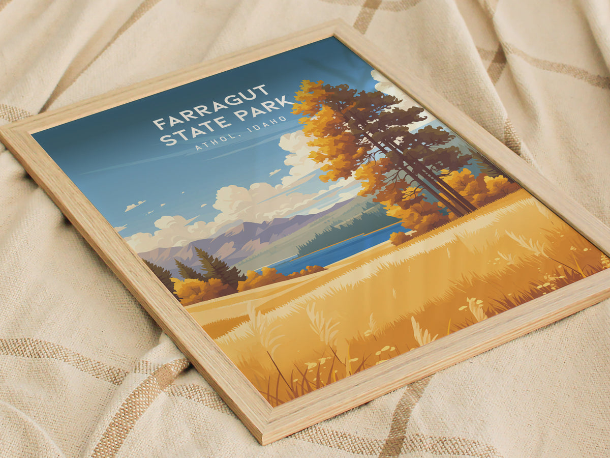 Farragut State Park, Athol, Idaho Poster | Lakeside Mountain Wilderness Destination Print Wall Art — styled in a modern inter