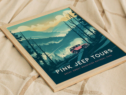 A framed poster depicts a vibrant pink jeep on rugged trails amidst the misty landscapes of the Great Smoky Mountains National Park. The artwork conveys a sense of adventure and off-road exploration.