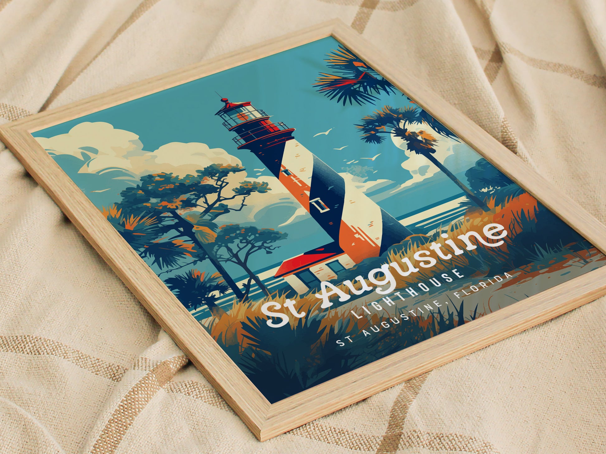 A framed poster of the St. Augustine Lighthouse features a vintage travel art style, showcasing the iconic black and white spiral tower surrounded by palm trees and clouds. The text St. Augustine Lighthouse is prominently displayed.