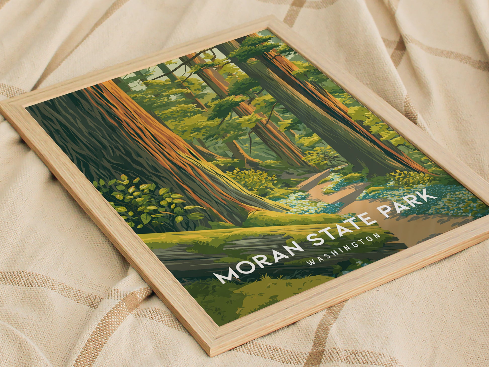 Moran State Park, Washington Poster | Mountain Lake & Evergreen Forest Wall Art — styled in a modern interior