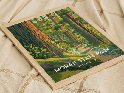 Moran State Park, Washington Poster | Mountain Lake & Evergreen Forest Wall Art — styled in a modern interior