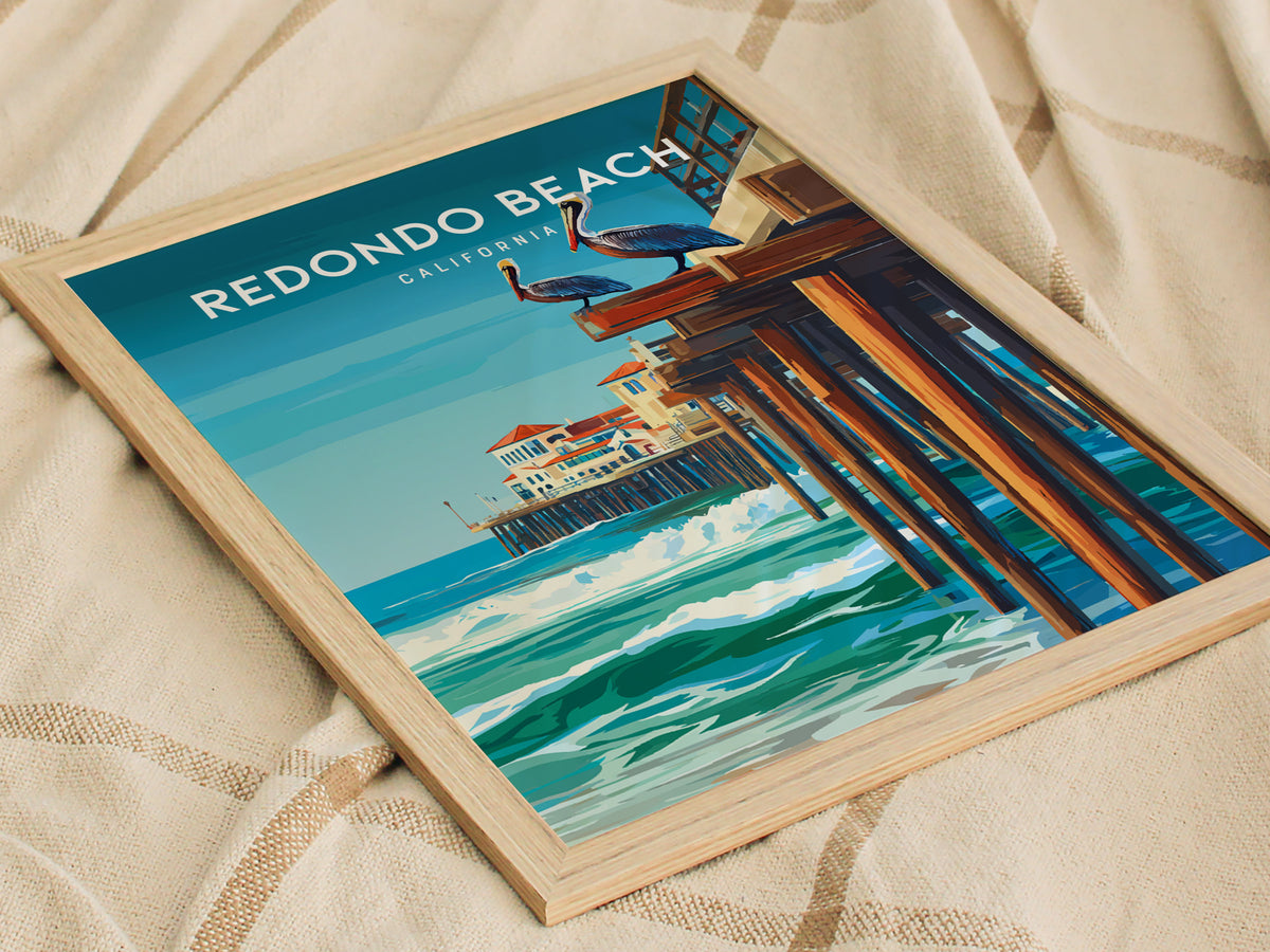 Redondo Beach, California Poster | Sun-Kissed Pier & Sailboat Wall Art — styled in a modern interior
