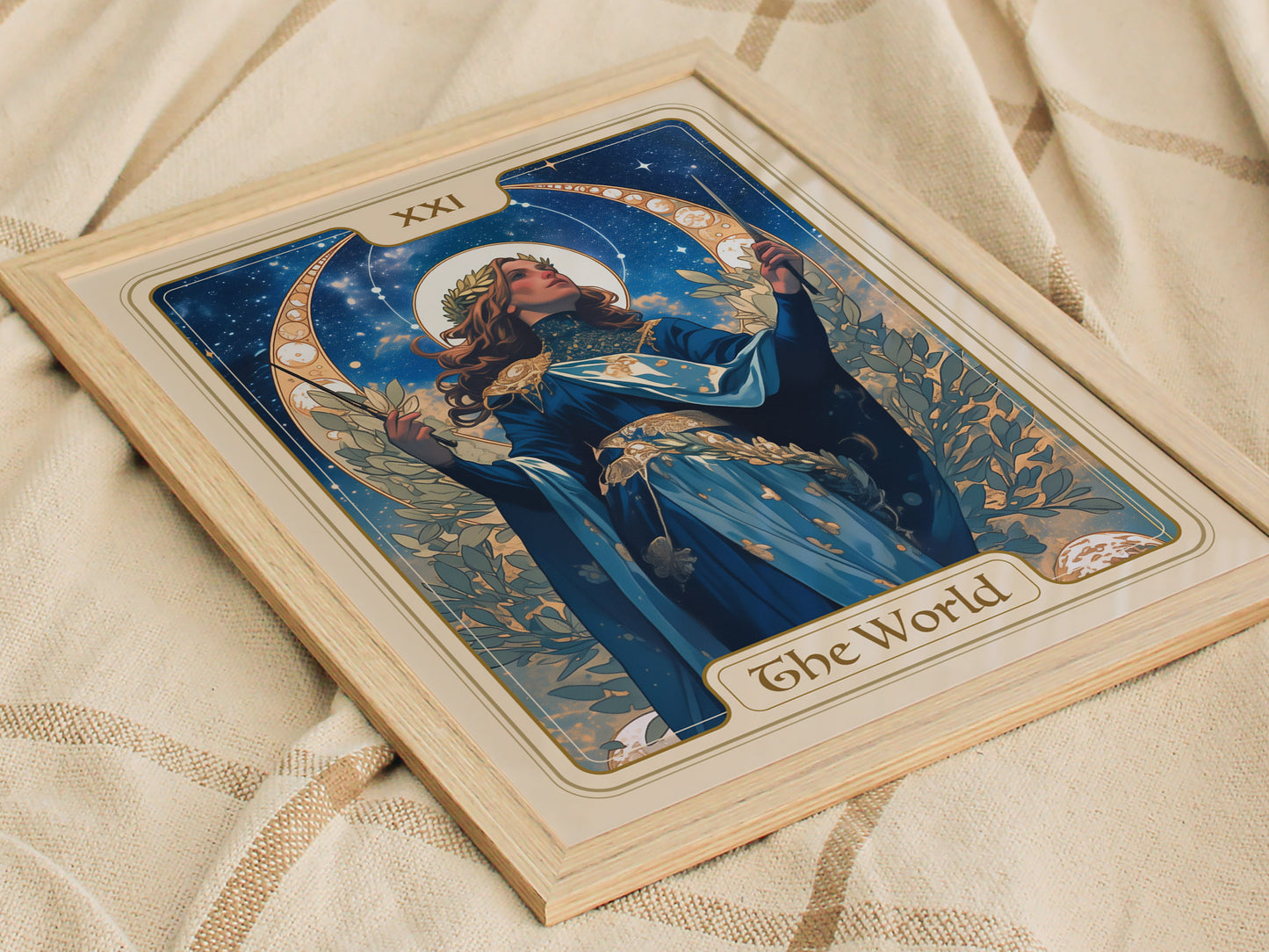 Home setting displaying framed and unframed wall art posters depicting a crowned figure among stars and laurel leaves.