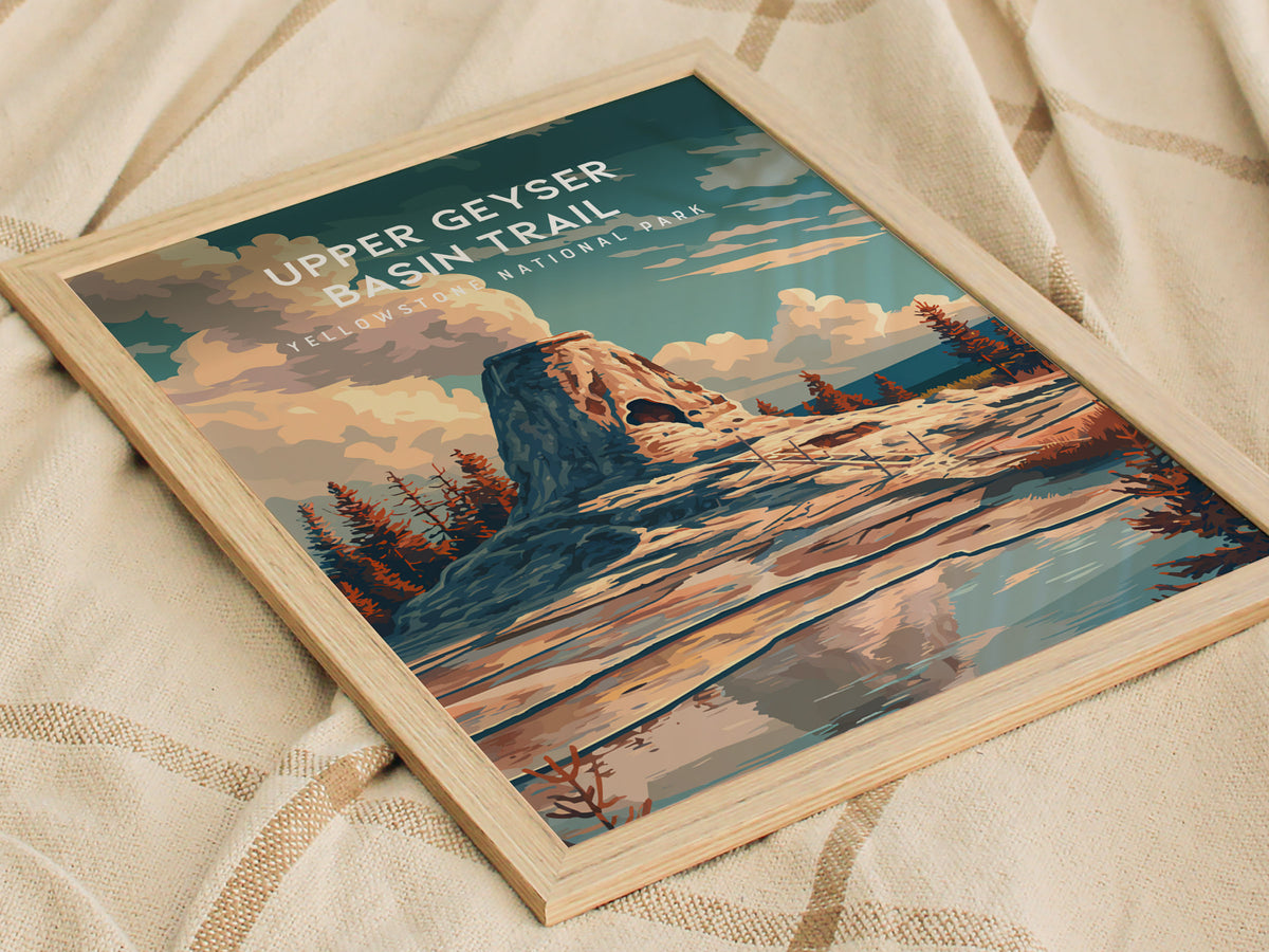 Upper Geyser Basin Trail, Yellowstone National Park Poster | Geothermal Wonders Travel Wall Art — styled in a modern interior