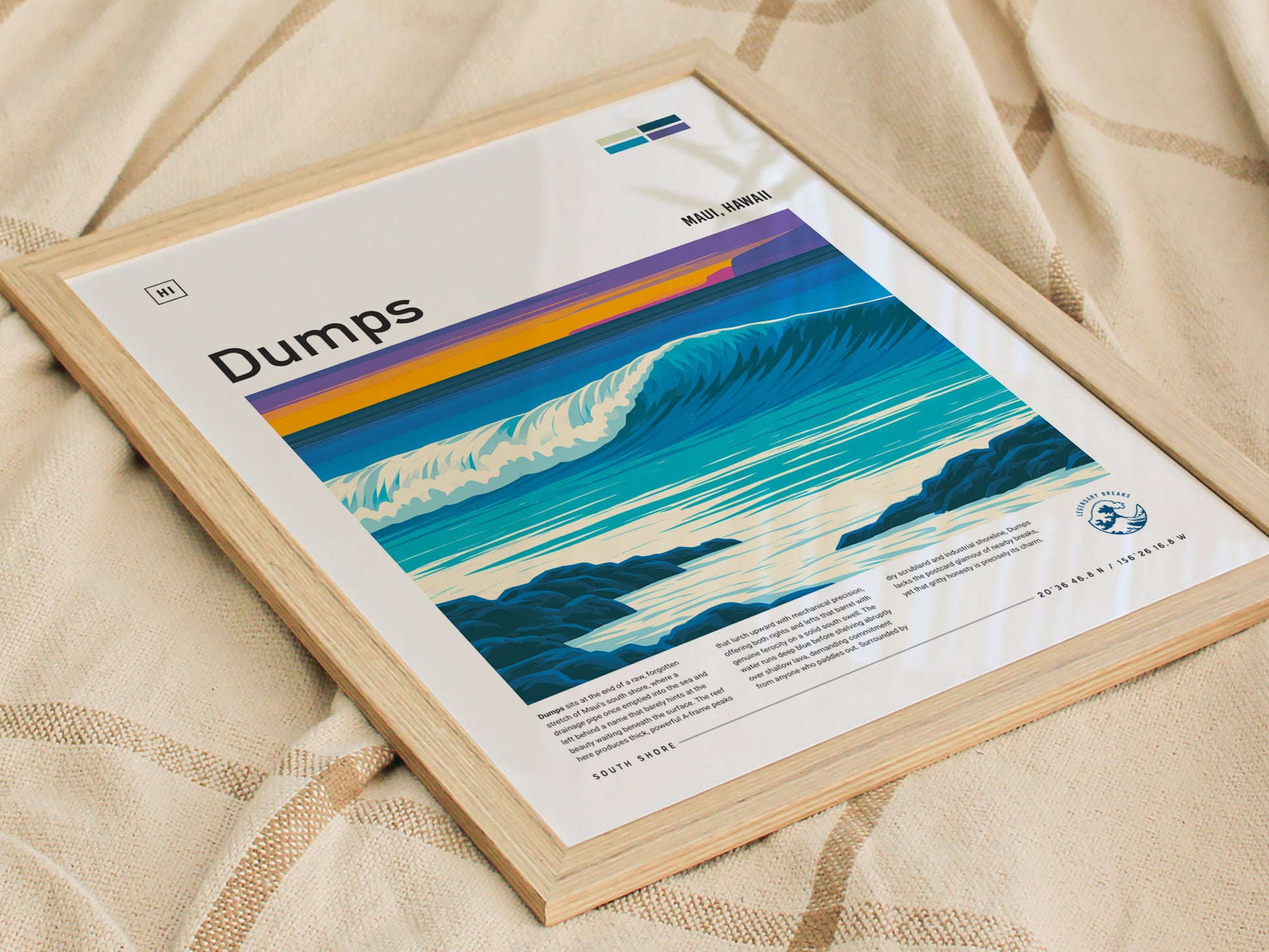 Dumps, Hawaii Poster | Tropical Reef Break Surf Wall Art — styled in a modern interior