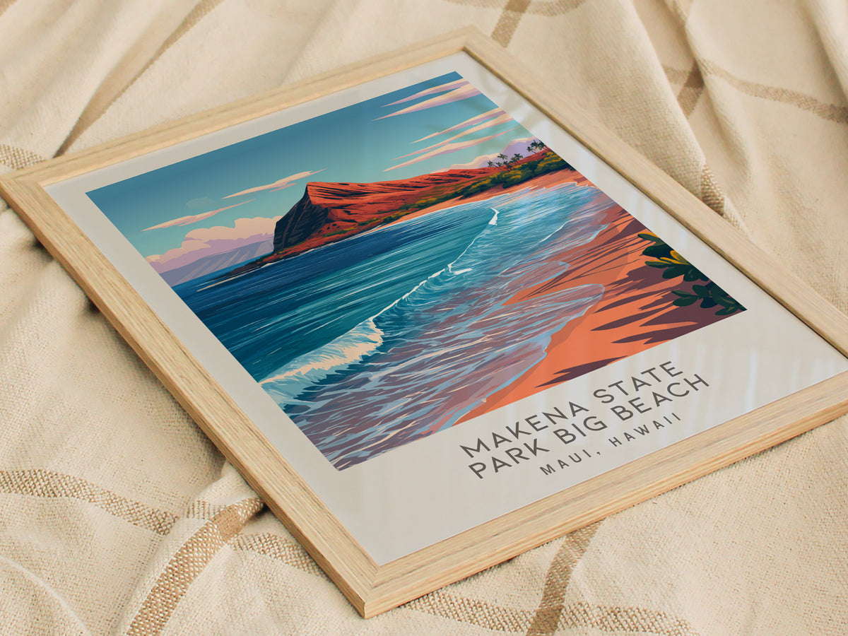 Makena State Park Big Beach Matte Border Poster | Maui, Hawaii Destination Print Travel Wall Art — styled in a modern interio