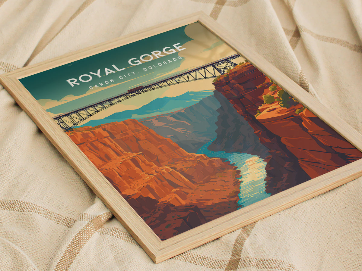 Royal Gorge, Canon City, Colorado Poster | Dramatic Canyon Bridge Destination Print Wall Art — styled in a modern interior