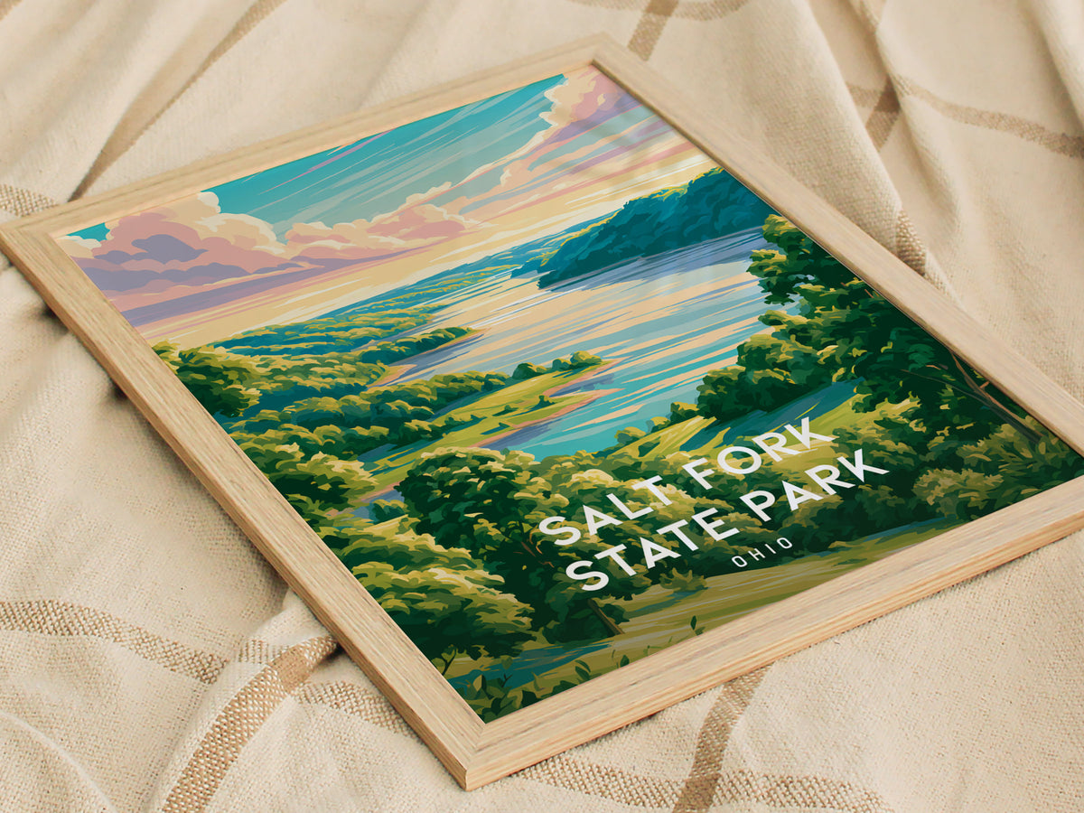 Salt Fork State Park, Ohio Poster | Lakeside Forest Retreat Wall Art — styled in a modern interior