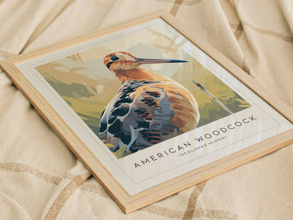 American Woodcock Poster | Woodland Shorebird Nature Illustration Wall Art — styled in a modern interior