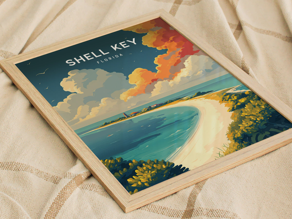 Shell Key, Florida Poster | Secluded Island & Shorebirds Wall Art — styled in a modern interior