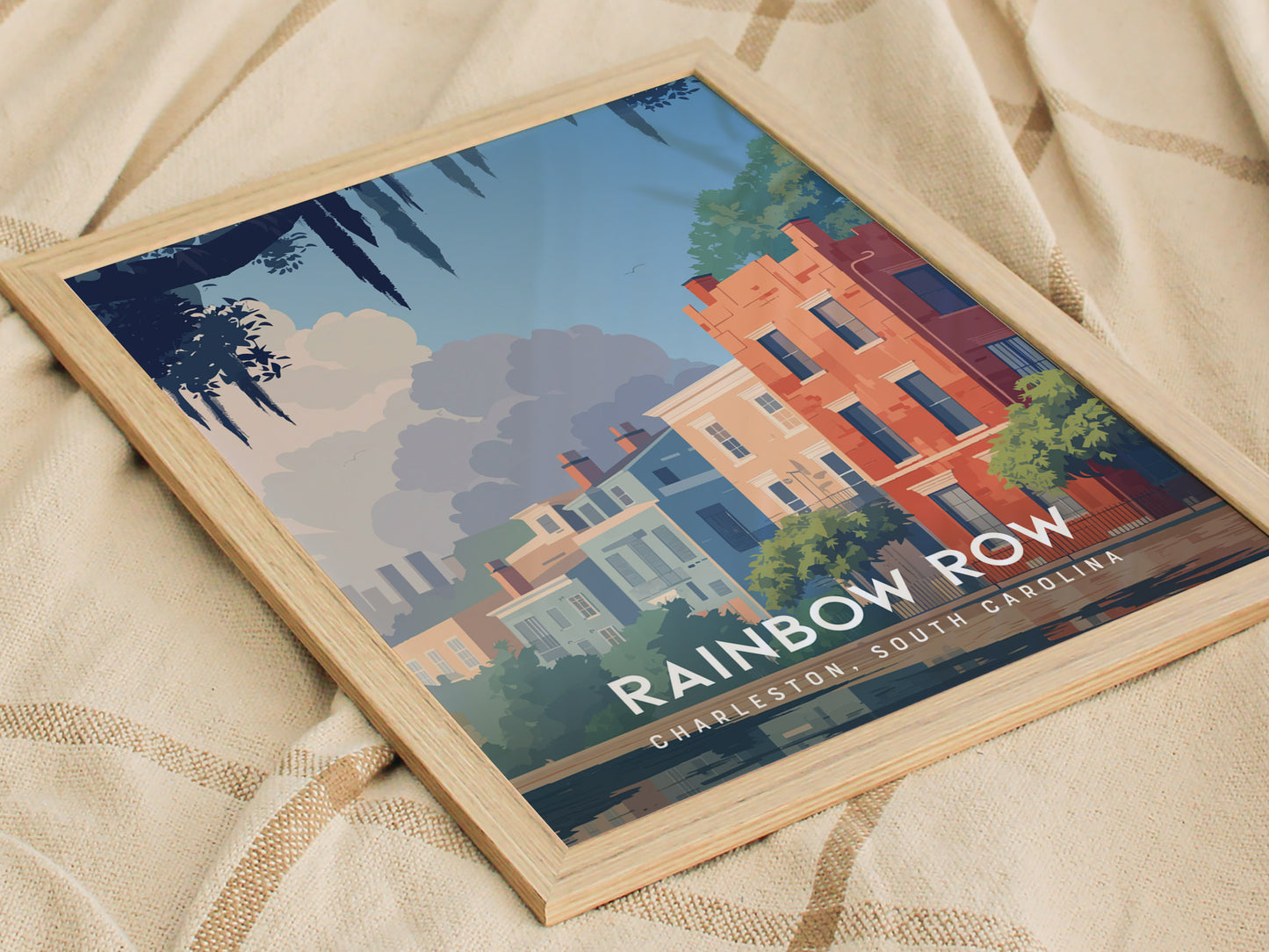 Rainbow Row, Charleston Poster | Colorful Historic Homes Coastal Wall Art — styled in a modern interior