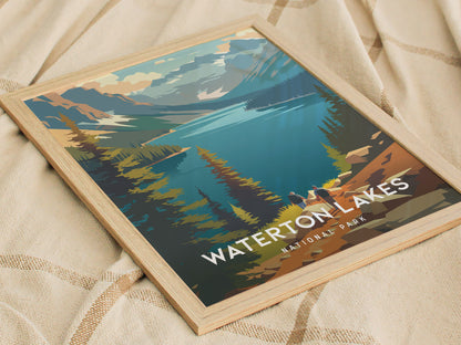Waterton Lakes, National Park Canada Poster | Mountain Lake Destination Print Wall Art — styled in a modern interior