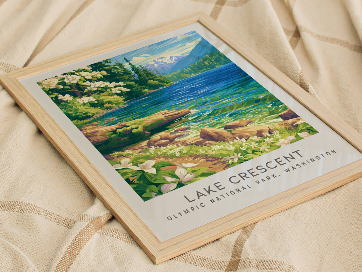 Lake Crescent Matte Border Poster | Olympic National Park, Washington Destination Print — styled in a modern interior