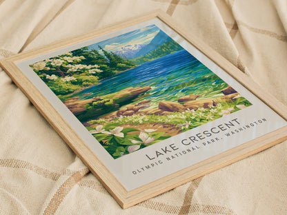 Lake Crescent Matte Border Poster | Olympic National Park, Washington Destination Print — styled in a modern interior