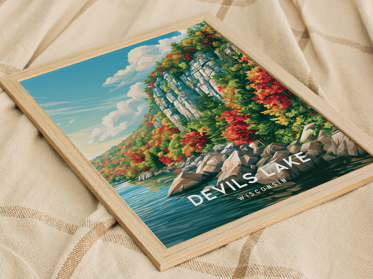 Devils Lake, Wisconsin Poster | Bluffs & Blue Water Travel Wall Art — styled in a modern interior