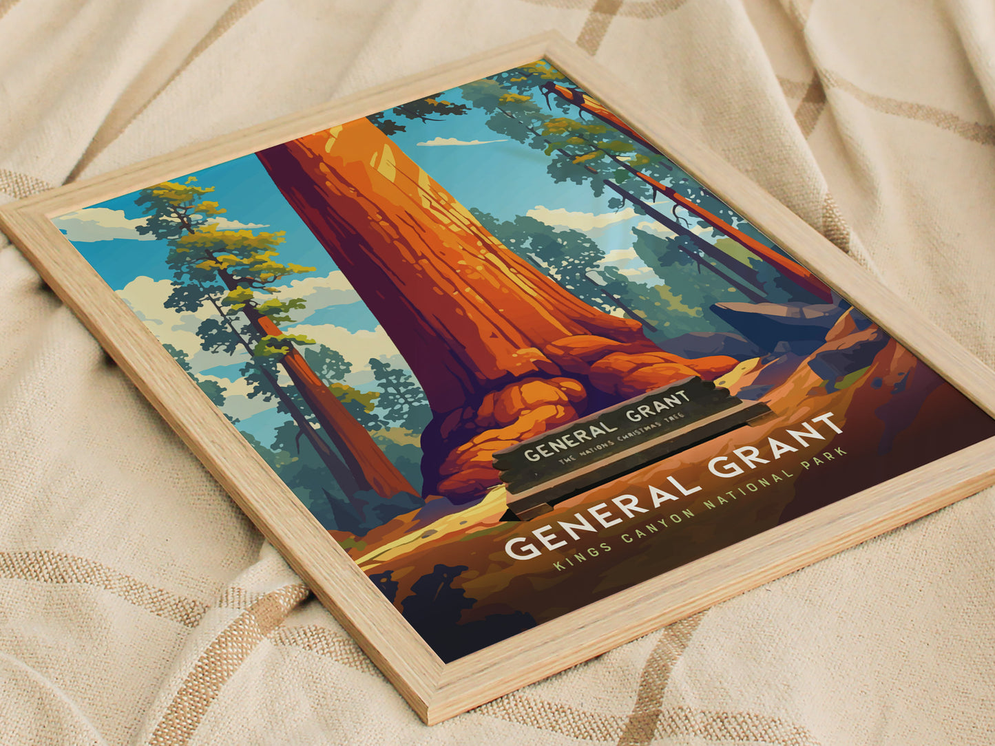 A framed poster depicting the General Grant Tree in Kings Canyon National Park, featuring a bold illustration of a giant sequoia with vibrant colors, set against a forest backdrop.