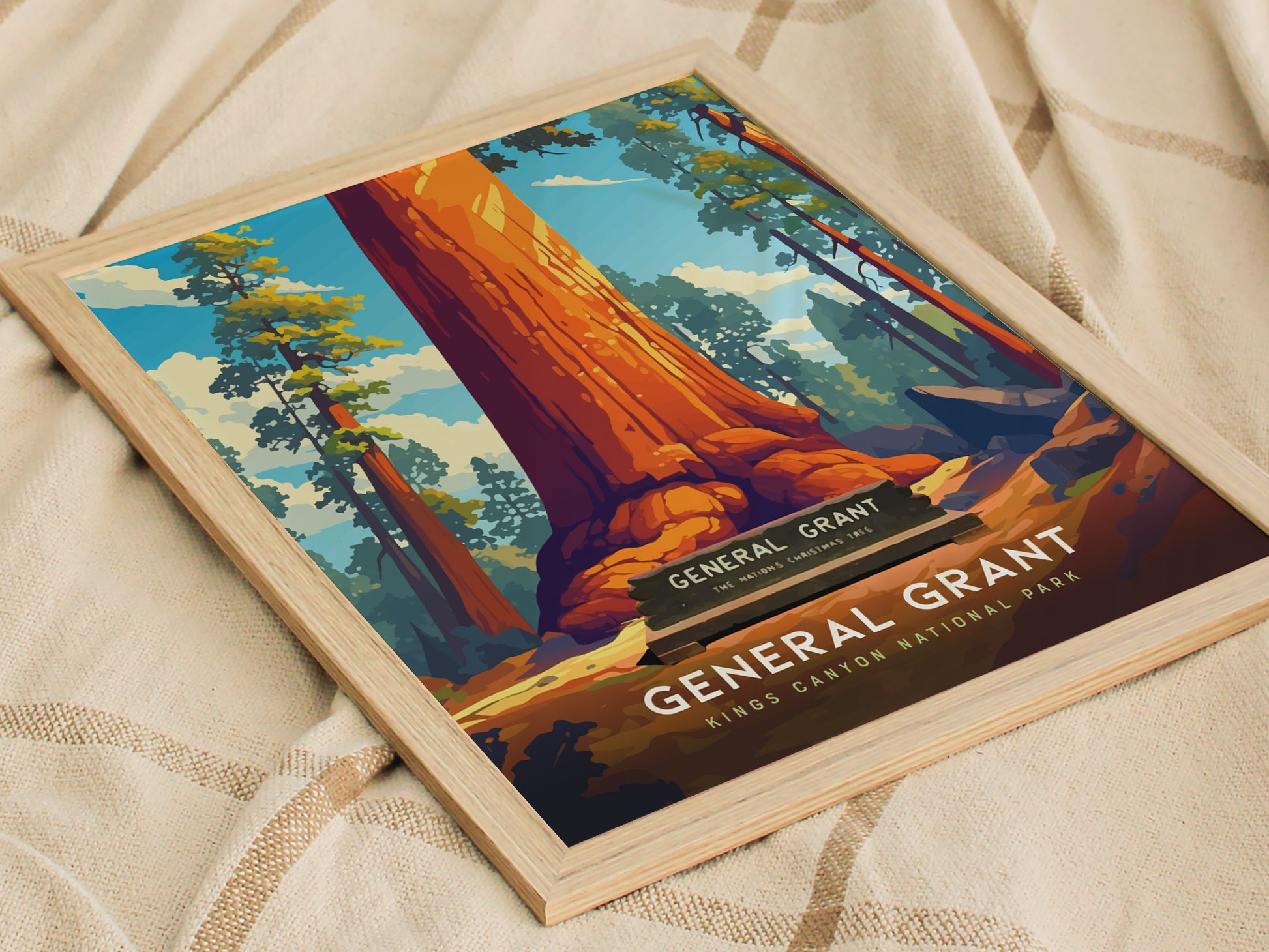A framed poster depicting the General Grant Tree in Kings Canyon National Park, featuring a bold illustration of a giant sequoia with vibrant colors, set against a forest backdrop.