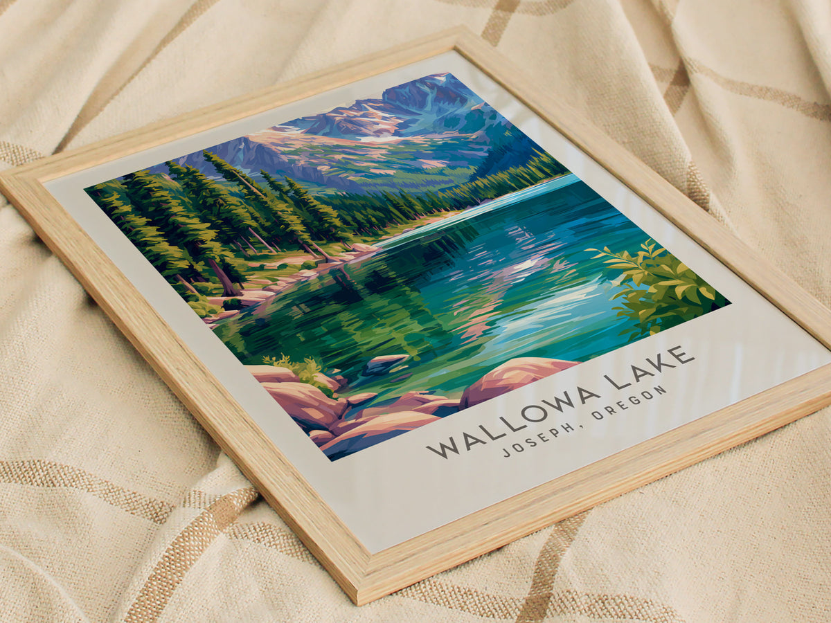 Wallowa Lake Matte Border Poster | Joseph, Oregon Travel Wall Art — styled in a modern interior