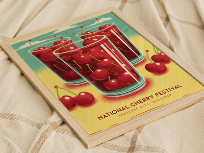A framed poster featuring glasses filled with bright red cherries against a teal and yellow background, labeled National Cherry Festival, Traverse City, Michigan is placed on a textured fabric.