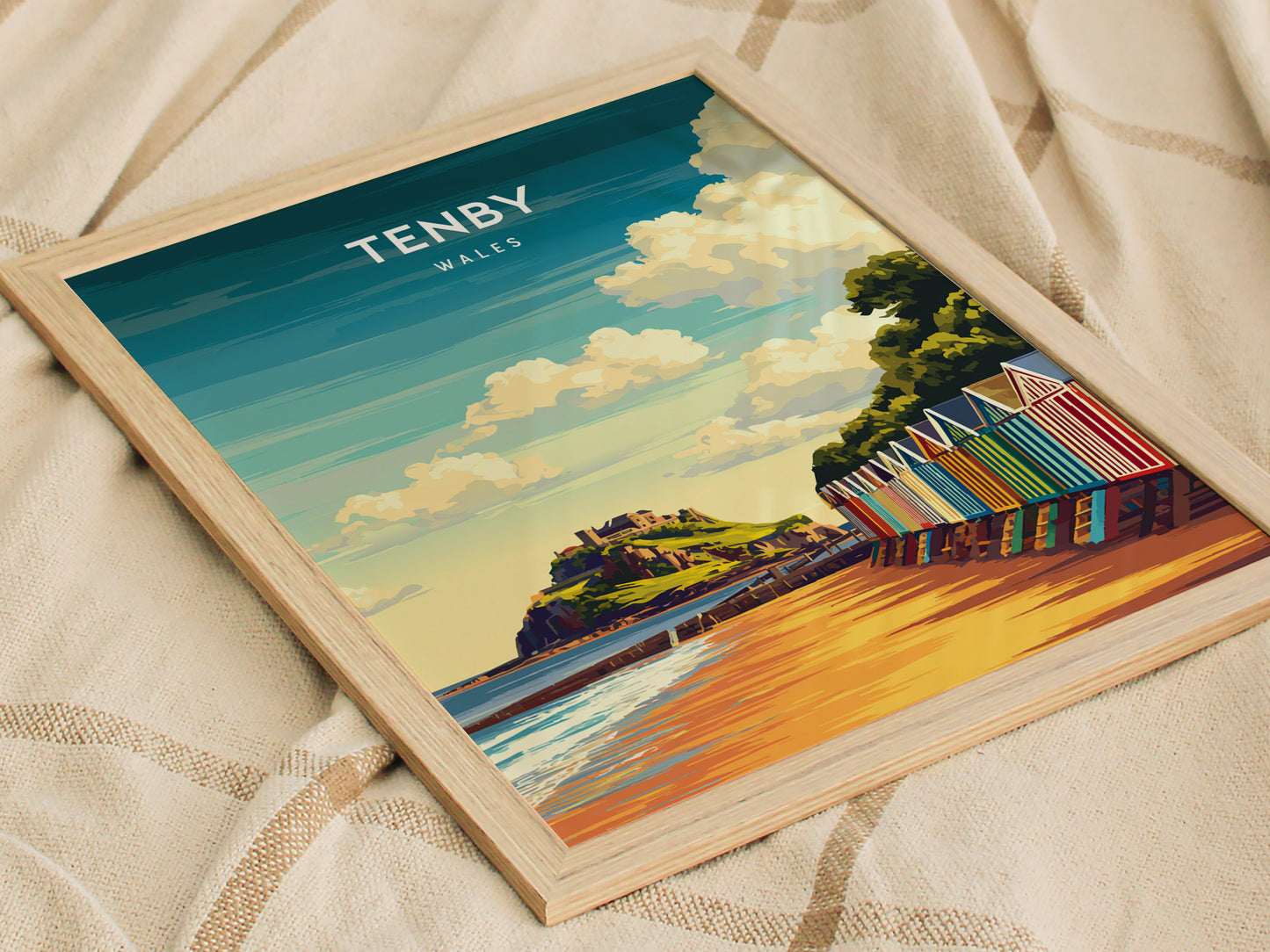 Tenby, Wales Poster | Pastel Harbour & Coastal Cliffs Wall Art — styled in a modern interior