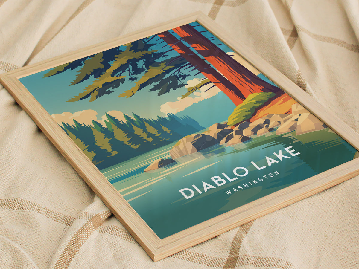 Diablo Lake, Washington Poster | Alpine Wilderness Destination Print Wall Art — styled in a modern interior