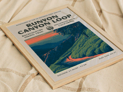 Runyon Canyon Loop, Hollywood Hills, California Poster | Hiker Gift | Bold Backcountry Block Print Wall Art — styled in a mod