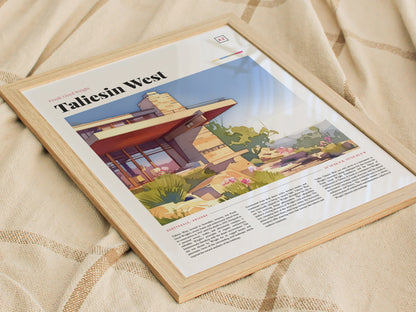 A framed poster of Taliesin West lies on a beige, textured fabric. It features an artistic depiction of Frank Lloyd Wrights architectural design in Scottsdale, Arizona, with descriptive text.