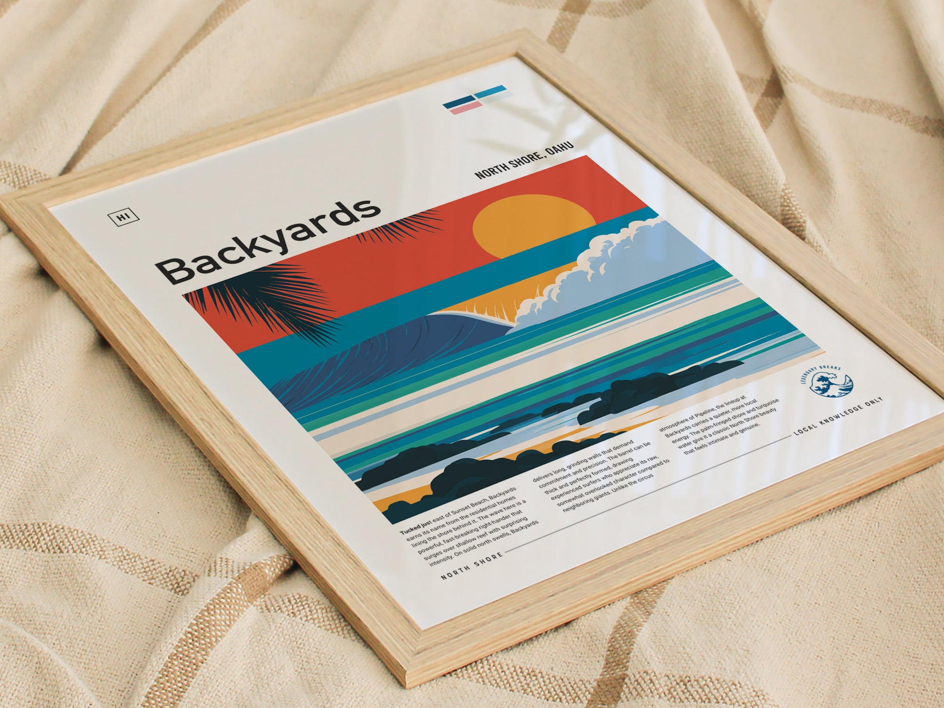 Backyards, Hawaii Poster | Tropical Surf Break Paradise Wall Art — styled in a modern interior