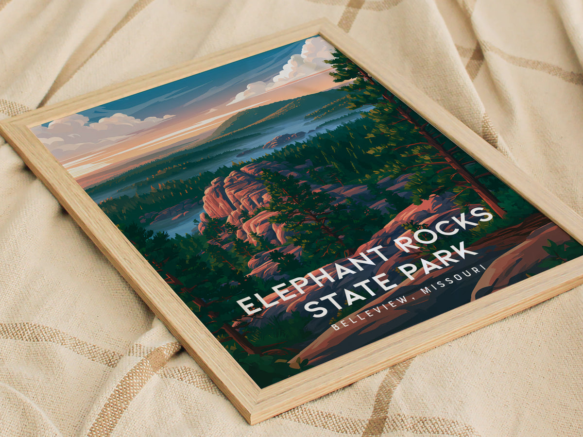Elephant Rocks State Park, Belleview, Missouri Poster | Ancient Granite Boulders Travel Wall Art — styled in a modern interio