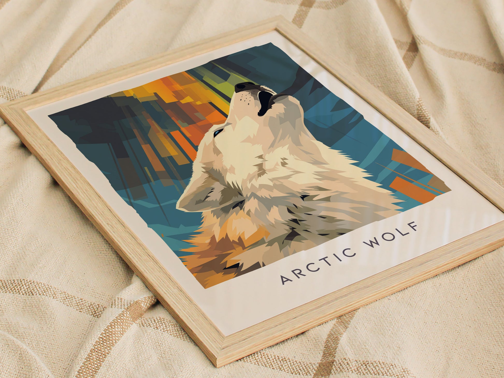 Arctic Wolf Poster | Majestic Winter Wilderness Wildlife Wall Art — styled in a modern interior