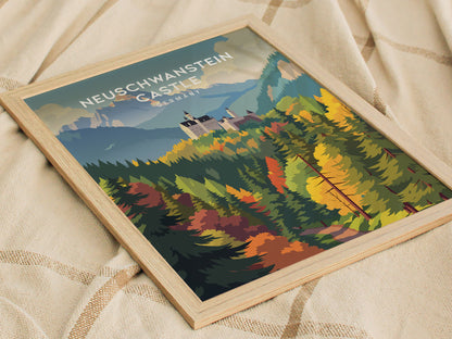Neuschwanstein Castle, Germany Poster | Fairytale Alpine Fortress Framed or Unframed Wall Art — styled in a modern interior
