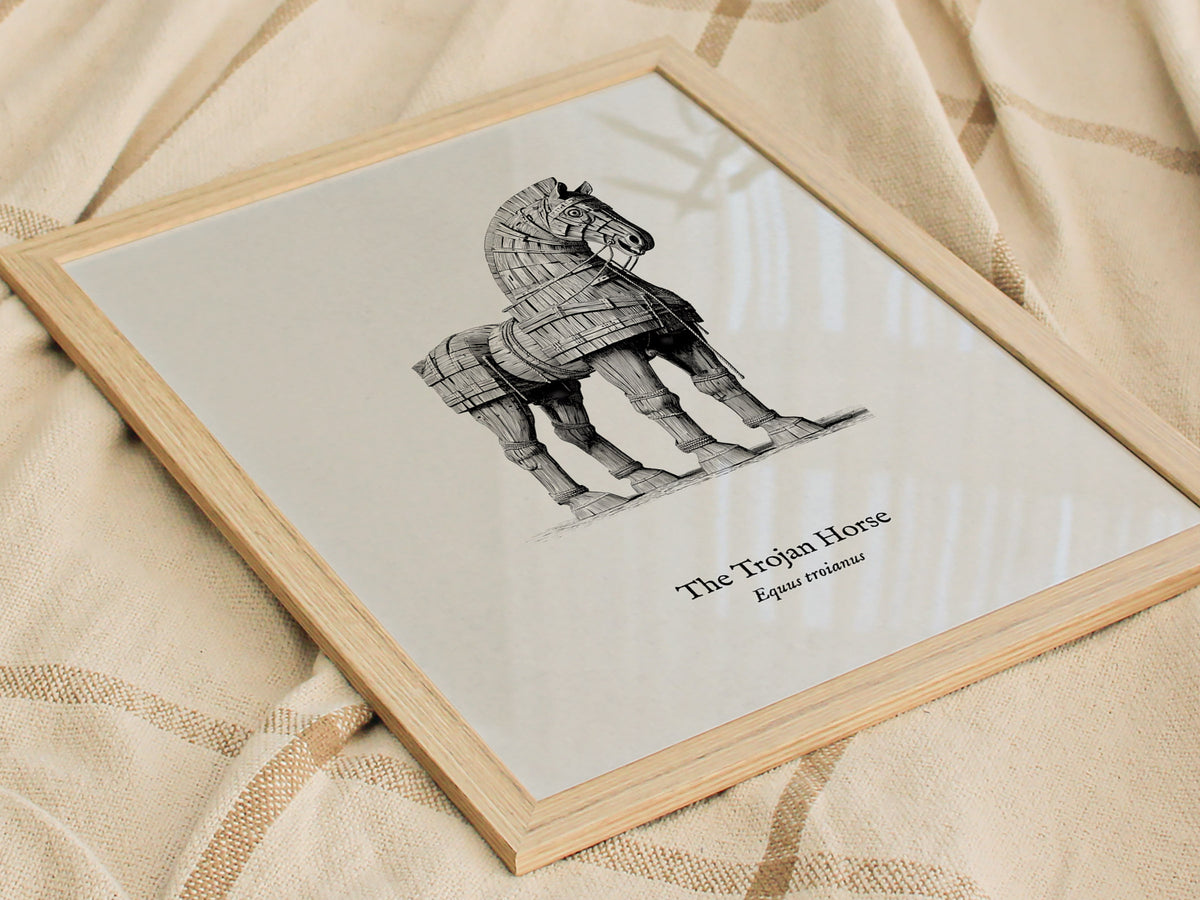 The Trojan Horse Poster | Equus Troianus Pen and Ink Print Vintage Scientific Illustration Wall Art — styled in a modern inte