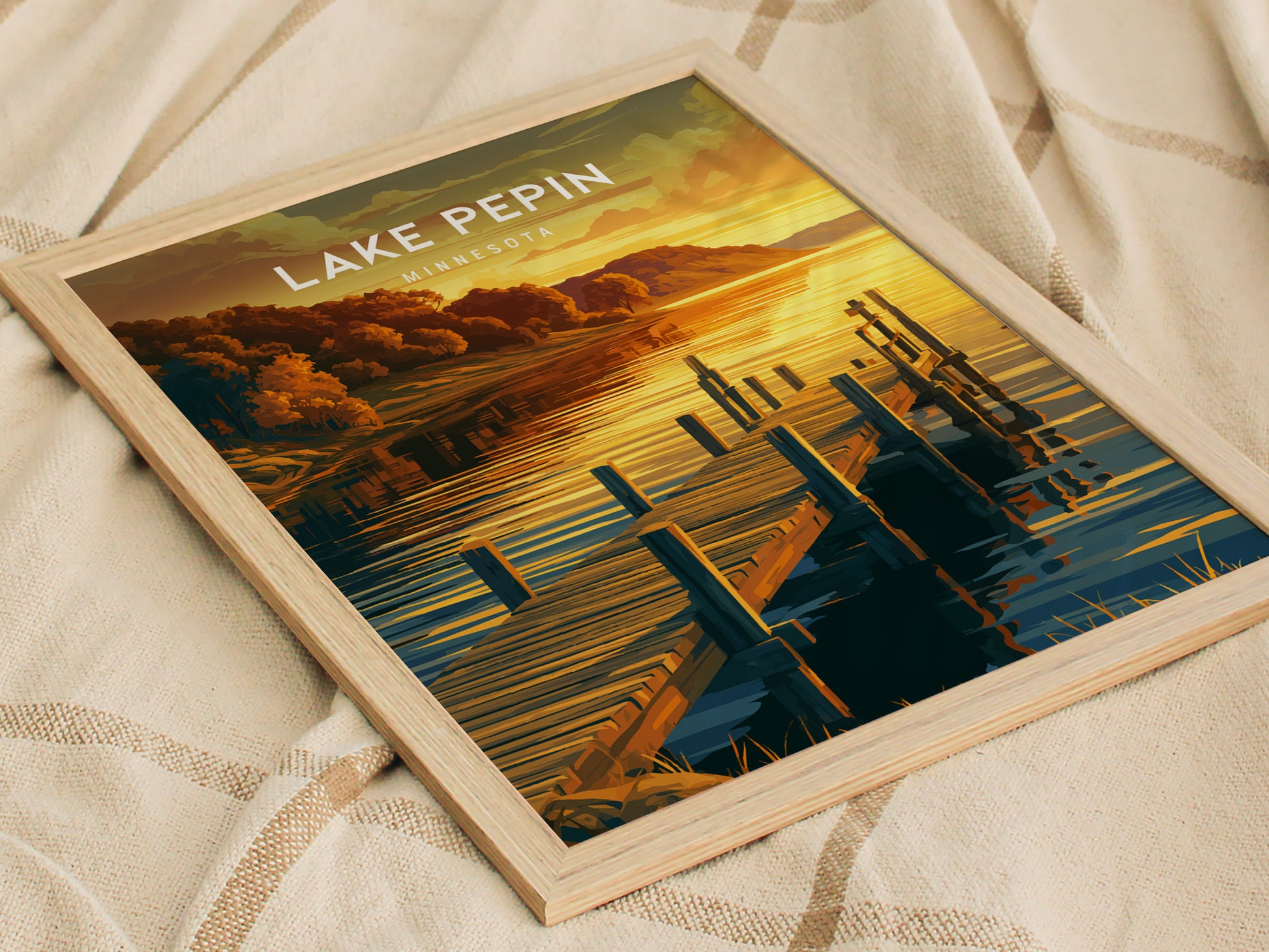 Lake Pepin, Minnesota Poster | Bluffs & Blue Water Travel Wall Art — styled in a modern interior