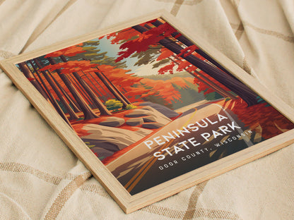 Peninsula State Park, Door County, Wisconsin Poster | Bluffs & Birch Forest Travel Wall Art — styled in a modern interior
