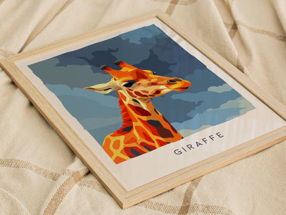 Neon Giraffe Pop Art Poster | Retro 80s Safari Wall Art Print — styled in a modern interior
